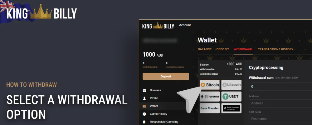 Select a payment instrument for withdrawal from King Billy