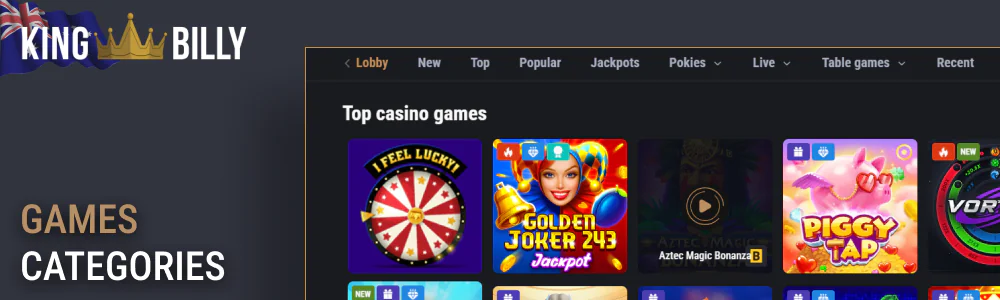 Categories of games at King Billy Casino