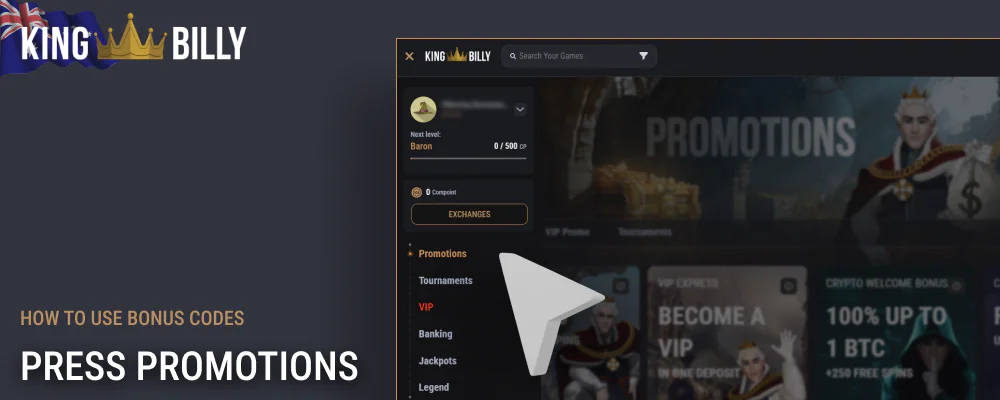 Click the Promotions button on the King Billy menu