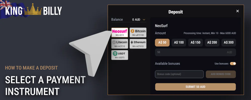 Select King Billy payment instrument